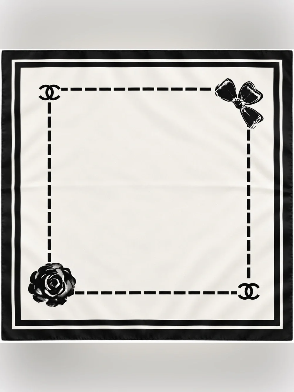 Chanel Style white & black Camellia Bow Print Square Silk Scarf Wrap Shawl